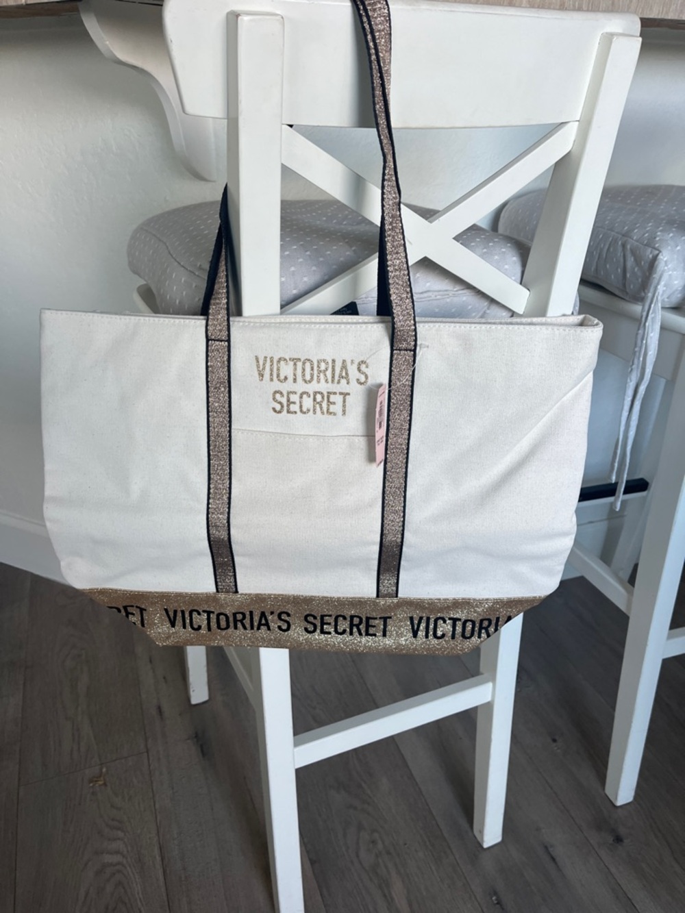 Victoria's Secret Cream Canvas Tote with Gold Trim and Logo